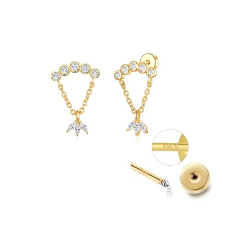 Eathareel Small Flat Back Dangle Cartilage Earrings for Women 14K Gold Cubic Zirconia Cute Stud Hidden Cartilage Earrings for Women