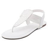 Shoe Land Women's Flat Sandals - Fashion Thong & Gladiator Style with Elastic Strappy String Ankle Strap, Dressy Casual Comfortable Daily Wear, Trendy 2025, White, Size 7.5, SL-Mona
