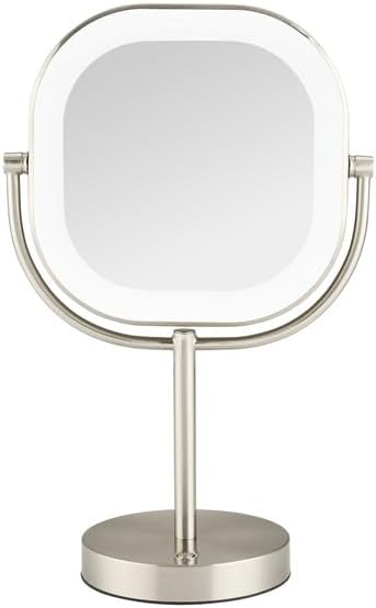 Makeup Mirror with LED Double-Sided 1x/10x Magnification - 3 Light Settings, 360° Rotation, Rechargeable.