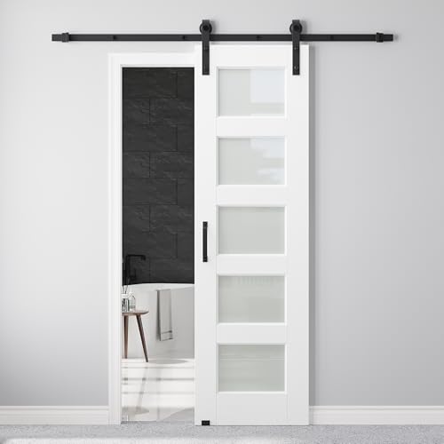 24x80 White Glass Barn Door and Hardware Kit & 6FT Track,Handle,Floor Guide