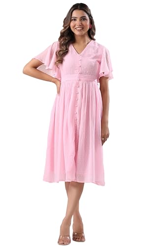 Image of Janasya Women's Light Pink Dobby Chiffon Self Design A-line Dress