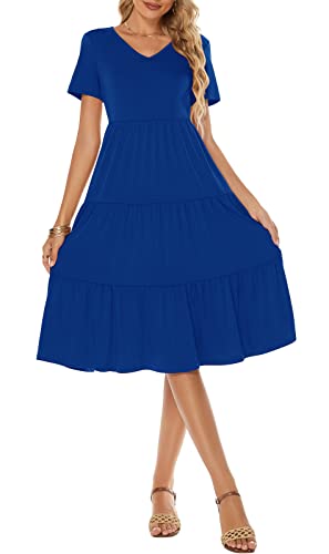 Image of Berydress Women's Casual Summer Tiered Midi Dress 2026 V Neck Boho Sundress | Short Sleeve Dresses for Women, Loose Ruffle Babydoll Style, Cotton Blend Fabric, for Church, Going Out, Beach Vacation