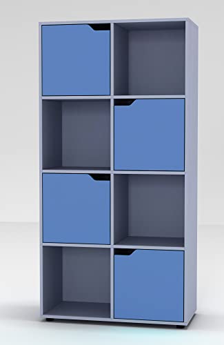 URBNLIVING 8 Cube Bookcase 4 Blue Door Display Shelf Storage Cupboard Living Room Shelving (Grey)