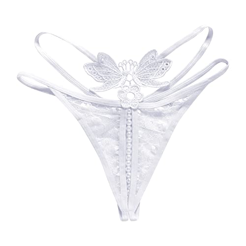 Allbestop Culotte Invisible Femme Femmes Panties Élegantes Et en Dentelle Transparente Trousers Lingerie Tasse Faible Massage Chaud Perle Ouvert Entrejambe String Délicat(Blanc,Taille Unique