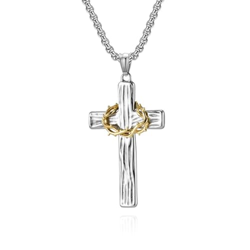 Cross Necklace for Men Thorns Cross Necklace Stainless Steel Black Gold Silver Jesus Christ Crucifix Pendant Necklaces Faith Religious Jewelry Gift