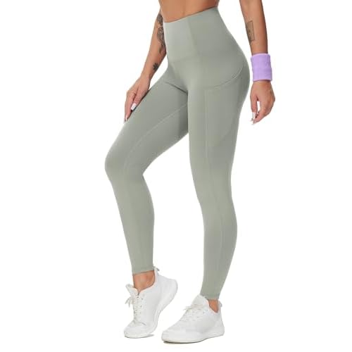 THE GYM PEOPLE Thick High Waist Yoga Pants with Pockets, Tummy Control Workout Running Yoga Leggings for Women Medium Neutral Light Gray