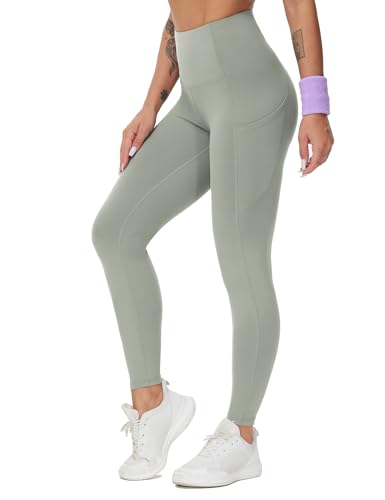 Image of THE GYM PEOPLE Thick High Waist Yoga Pants with Pockets, Tummy Control Workout Running Yoga Leggings for Women