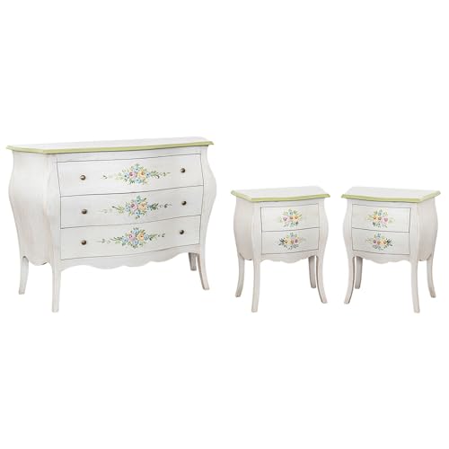 GRUPPO COMO' E 2 COMODINI BOMBATI IN LEGNO SHABBY CHIC BIANCO ANTICATO FILO VERDE DECORATO A MANO, Art 401020FV + 2x401018FV