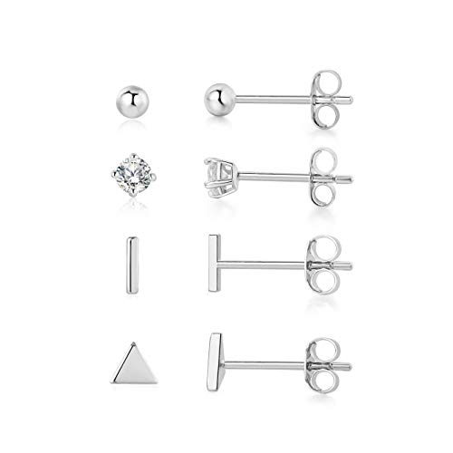 Sterling Silver Stud Earrings - 4 Pairs Small Silver Ball Earrings Triangle Stud Earrings Round CZ Earrings Bar Earrings Set Hypoallergenic Studs Cartilage 14K Earrings(3mm2&5mm2), 4 pairs of 3mm,3mm,5mm,5mm, silver plated base, Cubic Zirconia