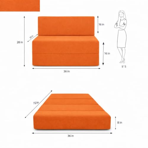 Image of Foldable One Seater Sofa Bed 3 x 6 Ft Jute Fabric Washable Cover Convertible Sofa Bed for Living Room & Office Guest Room (Finish Color - Orange - Pre-Assembled)