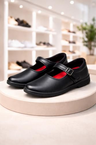 Image of Girls School Shoes, Black Leather, Adjustable Buckle Strap, Anti-Slip Sole, Cushioned Footbed