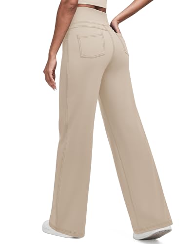 G4Free Wide Leg Khaki Pants Women High Waisted Tummy Control Pants Dress Lounge Trousers with Pockets (Light Khaki,XL,28