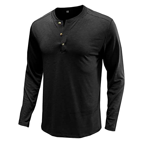 Men's Long Sleeve Basic Pullover Shirt Fashion Casual Stylish Henley Shirts Lightweight Soild Button T-Shirts (XX-Large,Black)