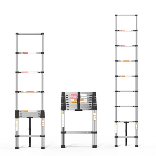 échelle Télescopique en Stainless Steel, échelle télescopique Extensible, Escabeau Telescopique échelle Pliable Loft Ladder,Certifié EN131, Résistance à 150kg, 2,6M