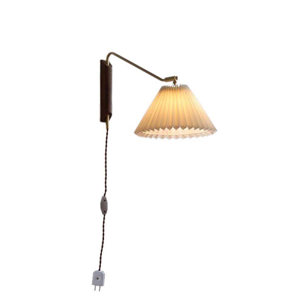 CONERY Lámpara de pared plisada de madera Aplique de pared de tela giratoria de latón Dormitorio Tipo de enchufe de noche Luces montadas en la pared con conmutación automática Soporte para el cuidado
