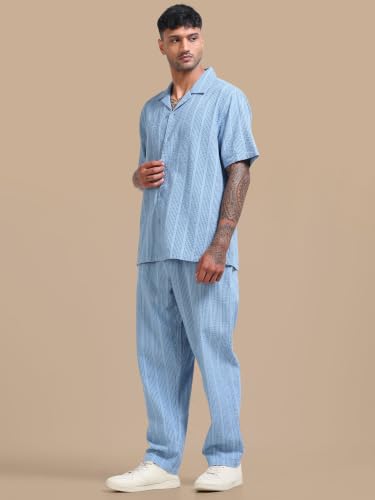Image of StitchX Men's Airport Look Textured Seersucker Resort Cotton Shirt & Trouser Co-Ord Set S-2XL