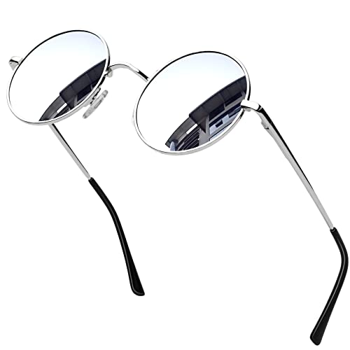 [KANASTAL] サングラス 丸 メンズ 丸型 ラウンド レディース さんぐらす クラシック デザイン ファッション UV400 紫外線カット 軽量 偏光 運転用 (シルバー)の商品画像（Amazon）