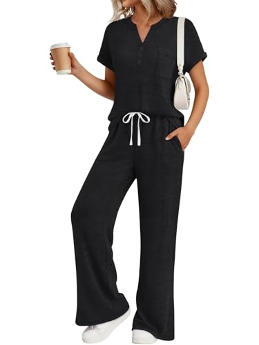 Trendy Queen 2 Piece Lounge Sets for Women Summer 2026 Fashion Pajamas Sets Two Piece Sweatsuit Pjs Loungewear Matching Airport Vacation Travel Outfits Clothes Black M