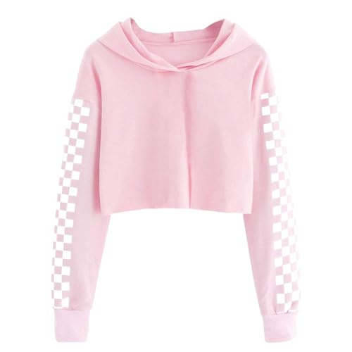 BOVOSHA Kids Hoodies For Girls Crop Top Plaid Long Sleeve T Shirts Boys Hooded Sweatshirt Casual Clothes (Pink, 5-6T)