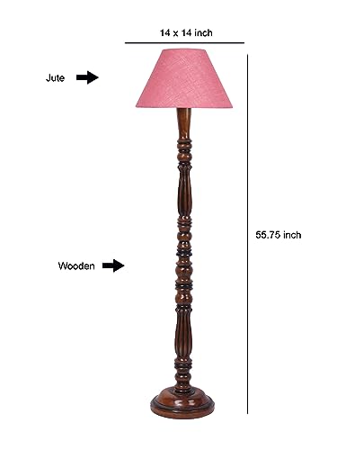 Image of Pink Jute Shade Wooden Floor Lamp with Wooden Base, Height - 53 Inches | Contemporary Standing Lamp for Living Room, Bedroom & Office | Elegant Lighting for Stylish Home Interiors