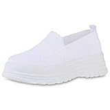  VAN HILL Damen Slip Ons Sneaker Blockabsatz Strick Schlupfschuhe Plateau Vorne Freizeitschuhe Profilsohle Schuhe 840405 212627 Weiss 38