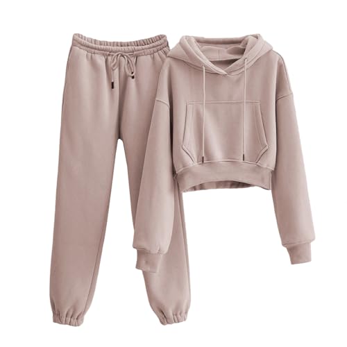 Womens Fleece 2 Piece Outfits Sweatsuit Crop Hooded Pullover Sweatshirt Top Jogger Sweatpants Tracksuits Set