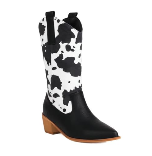 CRETUAO Botas vaquero occidentales estampado vaca retro para mujer,Botas media pantorrilla con punta puntiaguda y tacón grueso fiesta,Botas caballero sin cordones cómodas e informales,1 black,37 EU