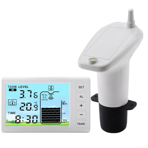 URPIZY Wassertank Füllstandsanzeige TSFT005 Wireless Messgerät 100m Reichweite 4 3 Zoll Display misst Wasserstand und Temperatur IP65 Schutz Für Innen und Außen ABS Gehäuse 1-5m Messbereich