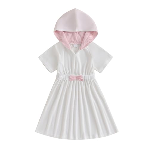 Image of Socutebabe Toddler Girl Swimsuit Cover Up Kids Beach Dress Bow Print Long Sleeve Hooded Bathing Suit Towel Coverup Swimwear