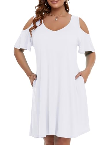 Image of JollieLovin Womens Plus Size Short Sleeve Cold Shoulder V Neck T-Shirt Dress with Pockets