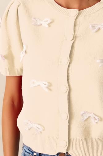 Image of Kedera Women's Casual Short Knit Bow Sweater Crew Neck Puff Sleeve Shirts Sweater Loose Blouses Tops