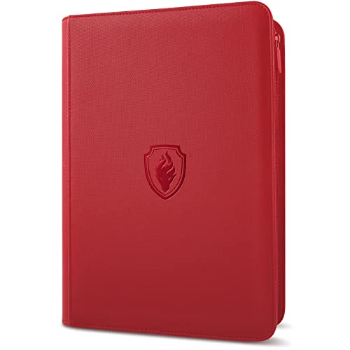 Image of Premium Zip Card Binder, Fabmaker 9 Pocket Trading Card Binder, PU Cover Zipper Card Collection Album, Sturdy 360 Side-Loading Card Folder Holder for Game & Sports Cards, Red