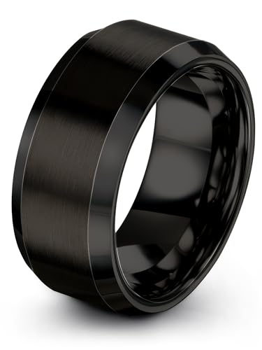Charming Jewelers Tungsten Wedding Band Ring 10mm for Men Women Comfort Fit Black Beveled Edge Brushed Polished Size 10