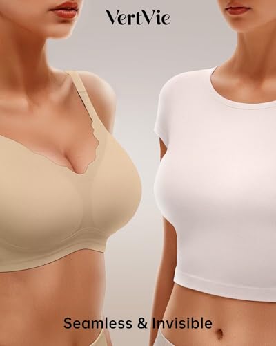 Image of Vertvie Women Seamless Jelly Bras No Underwire Supportive Wireless Push Up Full Coverage Bralette Comfy Scalloped T-Shirt Bra