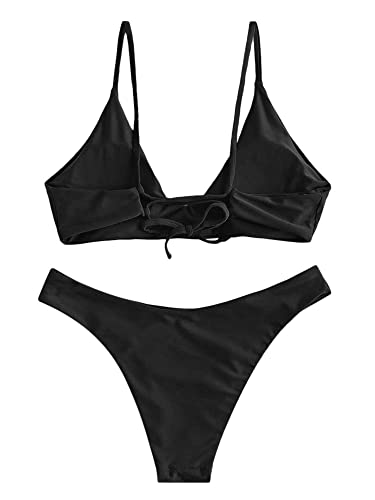 ZAFUL Women's Tie Back Padded High Cut Bralette Bikini Set Two Piece Swimsuit4
