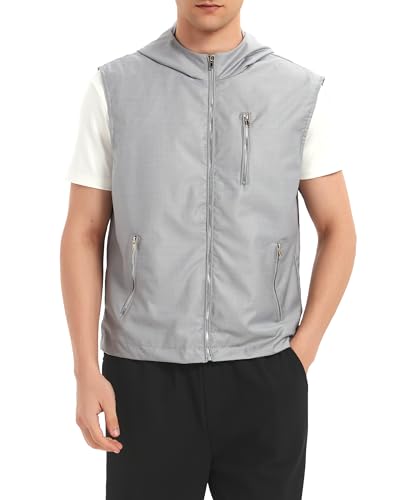JYG Men's Lightweight Softshell Vest Casual Full Zip Hooded Sleeveless Jacket for Golf Travel Hiking Running 2025 (Grey,Medium)
