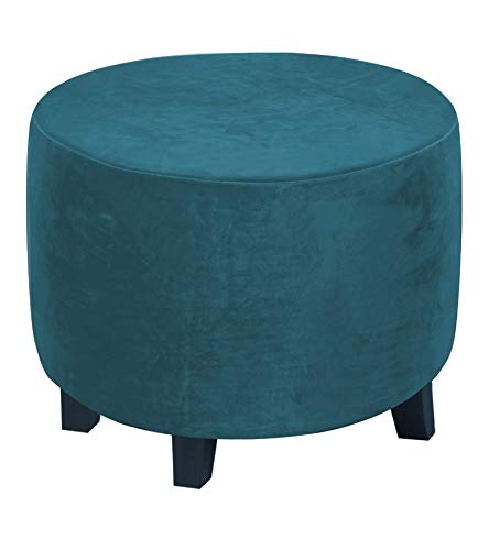 GAMUKAI Round Ottoman Slipcover – Stretchable Footstool Cover with Elastic Bottom | Plush Velvet Fabric | Fits Storage Ottomans, Poufs & Stools (Teal, Large)