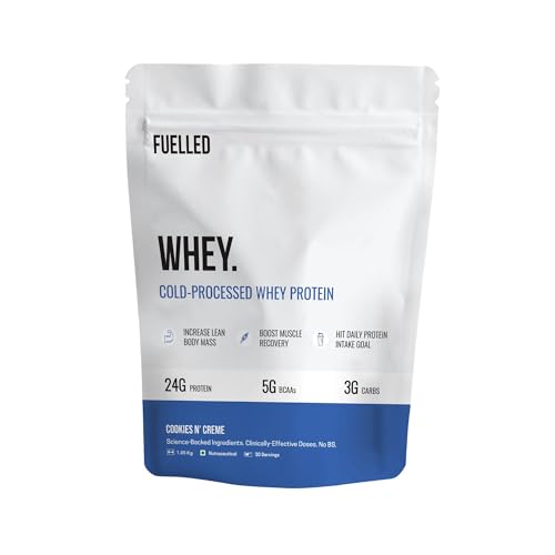 Image of FUELLED Whey Protein Powder Concentrate & Isolate with 24 g Protein, 5 g BCAA (1 kg, 30 Servings) Lab Tested (Cookies N Creme)