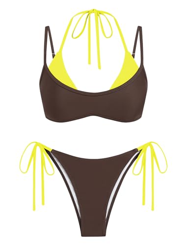 Image of ZAFUL Women's Polka Dot Bikini Set Double Layer Halter Swimsuit Colorblock Side Tie 2 Piece Bathing Suit