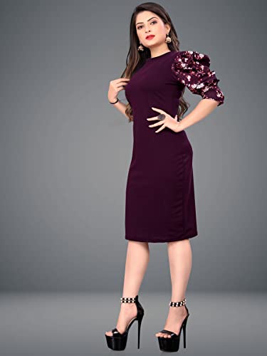 Image of KUDUZO Women's Black and Purple Lycra Fit and Flare High Low Knee Length Round Neck Floral Puff Sleeves S to 2XL Size Dress (SP-T3B6FPF97VRVW7YH)