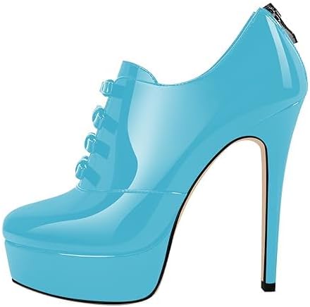 Women's Patent Leather Ankle Boots Platform Chunky Stiletto Booties Lace up Low Top Comfortable Fashion Dressy 6.1 Inch Boot