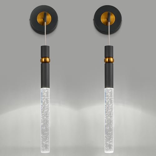 Image of Black Wall Sconces Set of Two Modern LED Wall Light Fixtures Black Gold Wall Lighting Crystal Bathroom Light Indoor Wall Lights for Bedroom Bedside Living Room Corridor