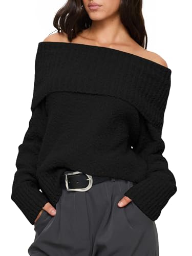 Saodimallsu Womens Off The Shoulder Sweater Fuzzy Knit Long Sleeve Fall Trendy Dressy Fold Over Pullover Top2