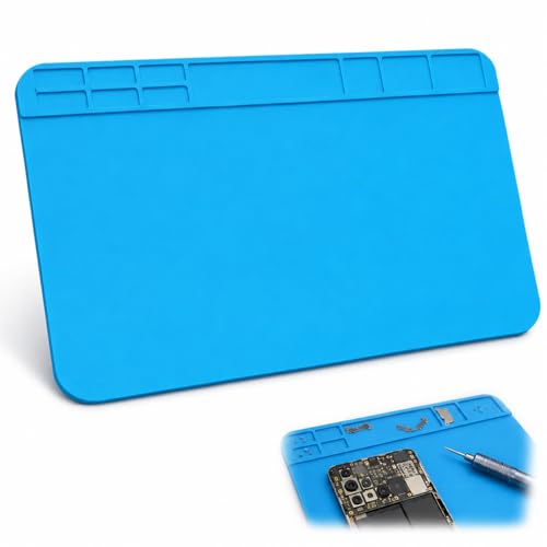 30×20cm Soldering Mat - Silicone Repair Work Mat with Screw Sorting Trays - Heat Resistant Pad for Phone Watch PCB and Small Electronics Repair - Blue