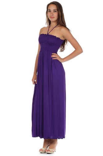 Image of Sakkas Soft Jersey Feel Solid Color Smocked Bodice String Halter Long Dress