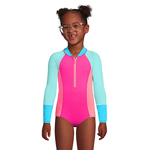 Lands' End G One Piece Ls Half Zip Swimsuit Electric Pink Colorblock Kids 7 #TOP1