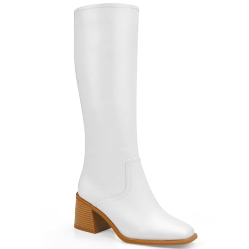 Quorvash Knee High Boots Women - Long Elastic Faux Leather Boots Tall Square Toe Chunky Block High Heel Shoes with Side Zipper White 10