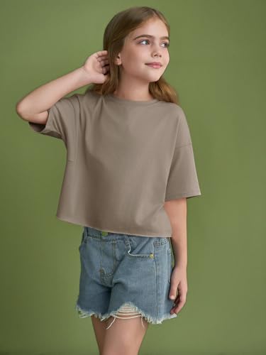 Image of Girls Athletic Oversized Crop Tops Kids Drop Shoulder Short Sleeve T Shirts Workout Tees 5-14 Years