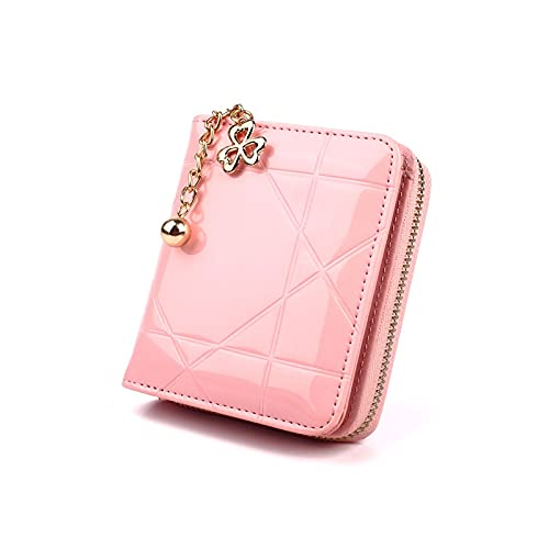 Womens wallet Coin Purse Short Folding Small Wallet Ladies Credit Card Holder Patent Leather Case Money Bag Cute(Rosered) (Pink)