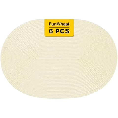 FunWheat Oval Braided Placemats Set of 6 Table Mats for Dining Tables Washable Heat Resistant Place Mats for Indoor Outdoor Use 12 x18 Inch(Oval Beige, 6pcs) Cover
